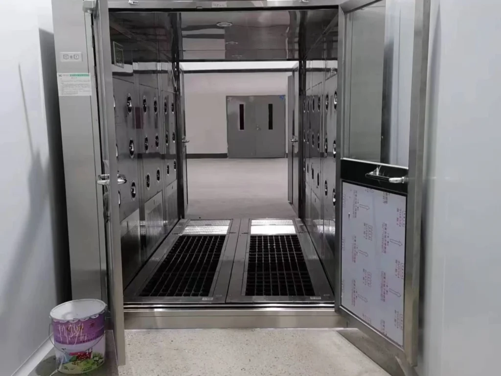 Interior view of dynamic pass box with HEPA filter and interlock system for ISO cleanroom
