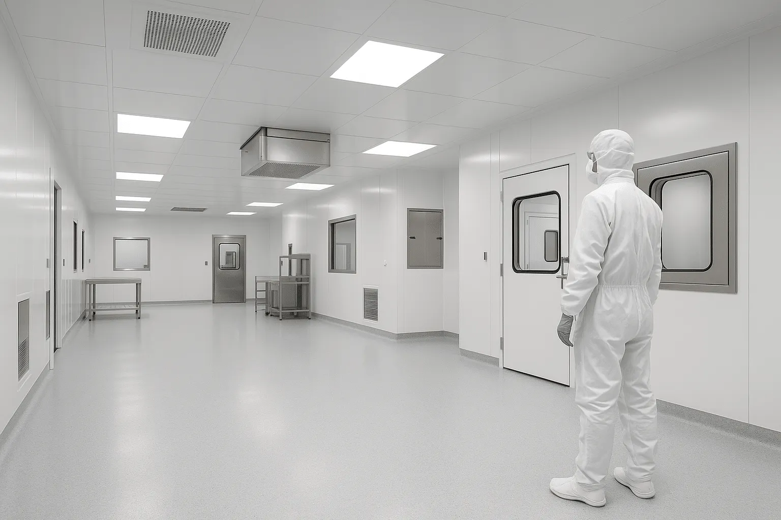 Cleanroom environment with personnel wearing sterile garments