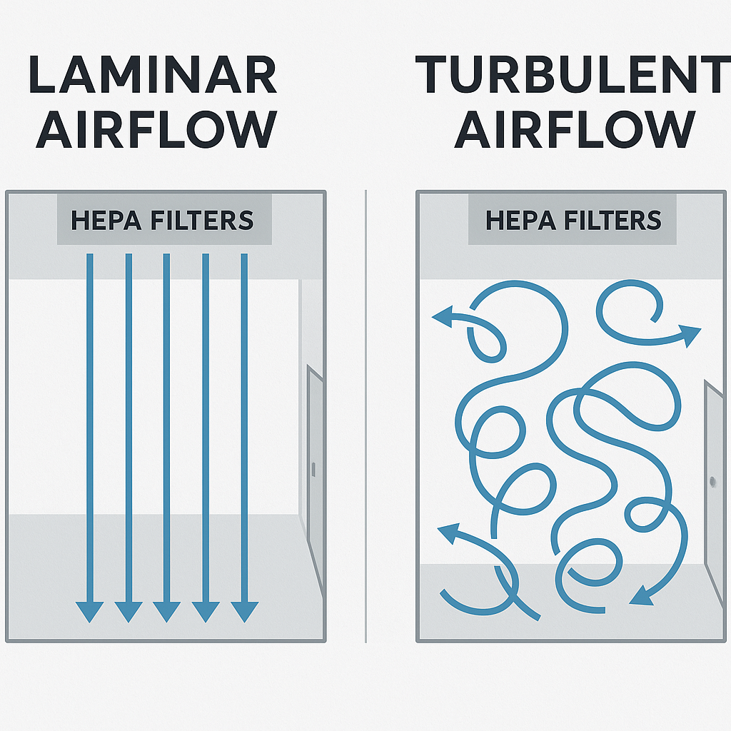 Comparison of laminar and turbulent airflow patterns in cleanrooms