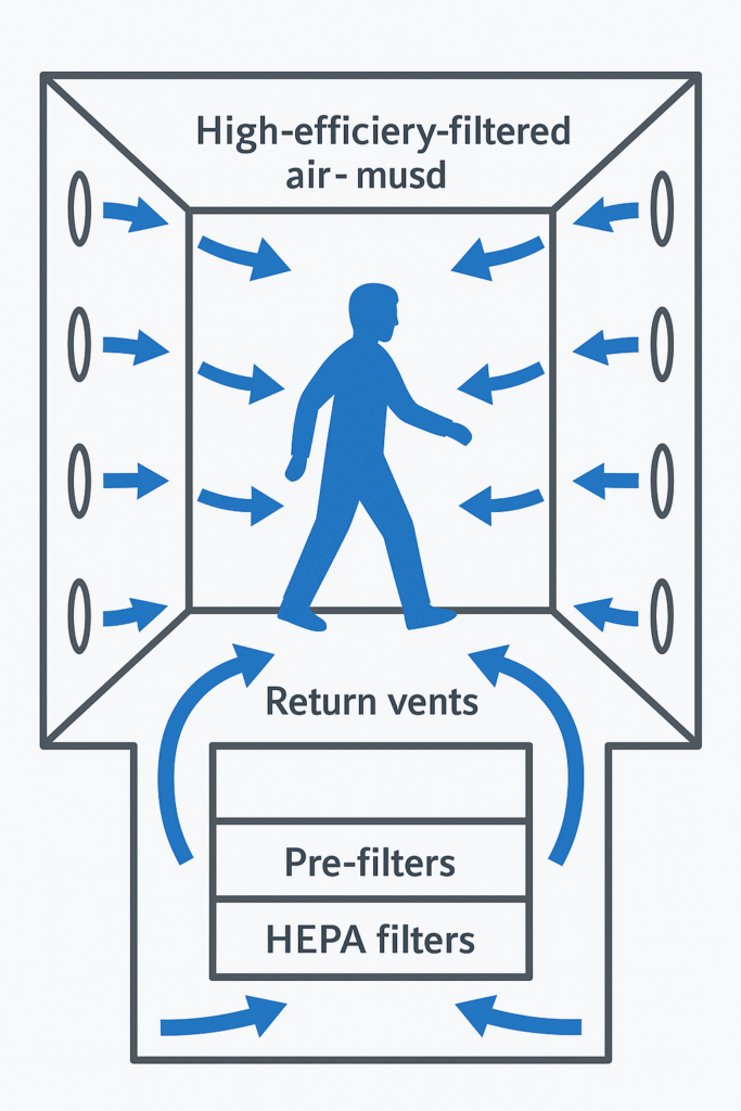 Diagram showing airflow inside a cleanroom air shower, with blue arrows indicating high-velocity air jets from side nozzles, return vents at the bottom, and recirculation through HEPA and pre-filters.